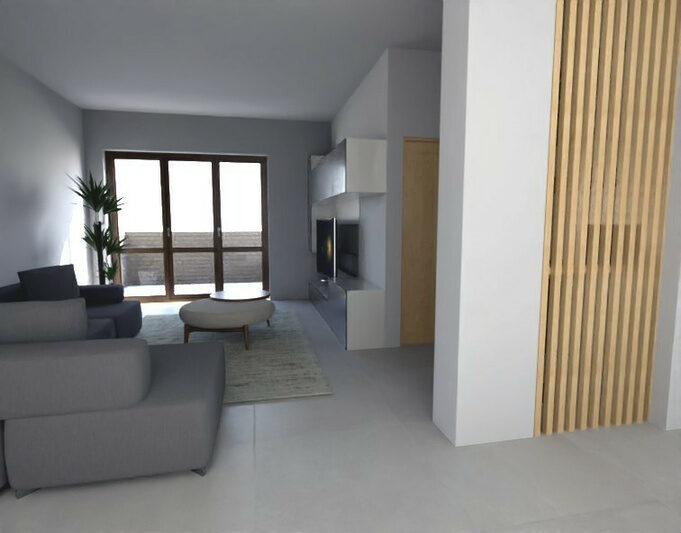 Soggiorno ristrutturato con pavimento grigio e parete a listelli in legno